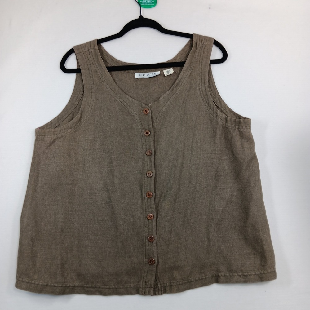 Chaus Sleeveless Button Shirt Vest L Women's Brown Linen Rayon Casual Top